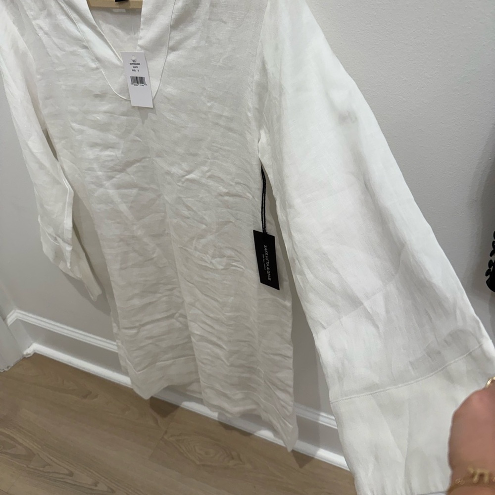 LINEN SAKS FIFTH AVENUE White V-Neck Tunic Dress - Picture 9 of 12